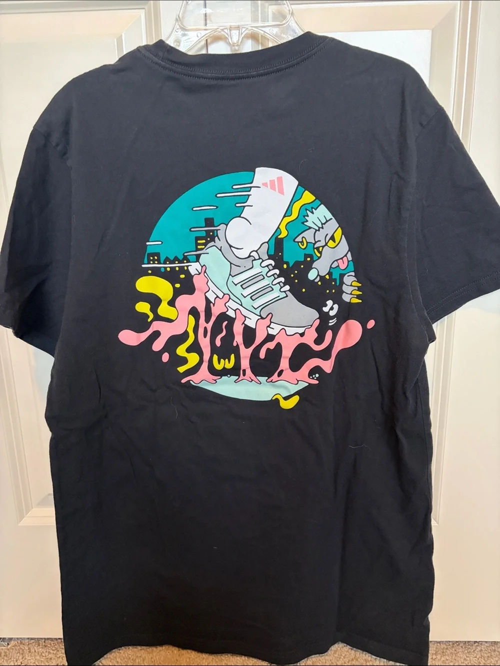 adidas Black Short-Sleeve Tee with Pink Flame Chest Logo